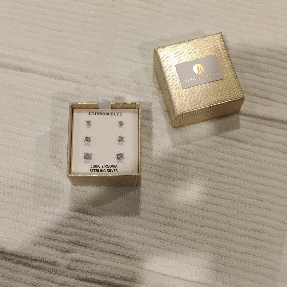 New!ADDISON BLVD Cubic Zirconia Sterling Silver Stud Princess Cut Earrings